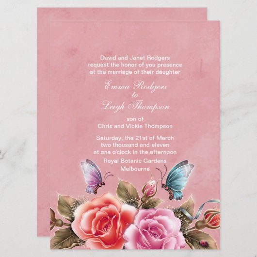 Roze Bloemen Burst Huwelijksuitnodiging Kaart (Voorkant / Achterkant)