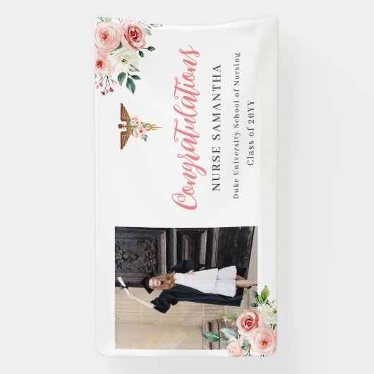 Roze Bloemen Caduseus Gefeliciteerd Verpleegkundig Spandoek (Verticaal)