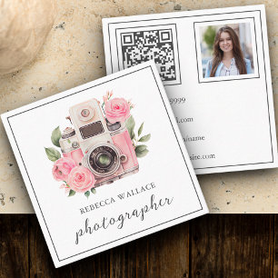 Roze Bloemen Camera Foto QR Code Fotograaf Vierkante Visitekaartje