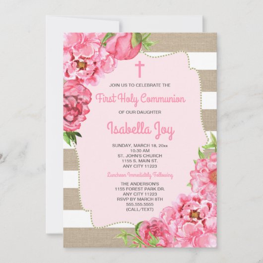 Roze Bloemen + canvas Eerste Communie uitnodiging (Voorkant)