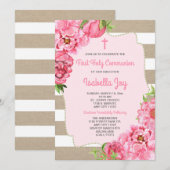 Roze Bloemen + canvas Eerste Communie uitnodiging (Voorkant / Achterkant)