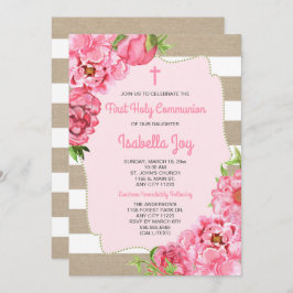Roze Bloemen + canvas Eerste Communie uitnodiging