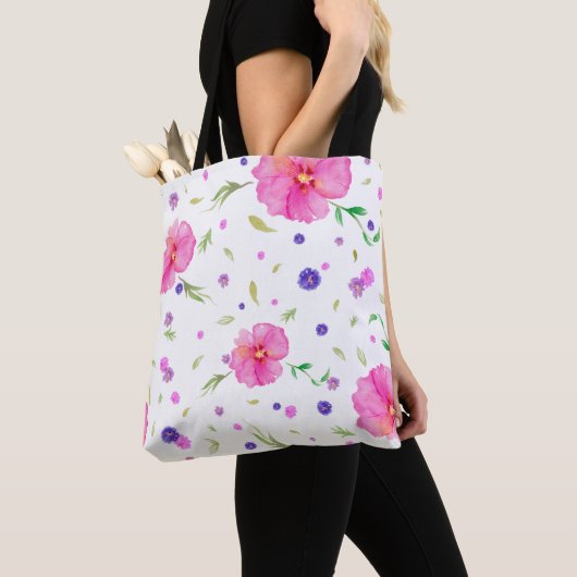 Roze Bloemen Canvas tas voor Mam – Aquarel Design (Dichtbij)