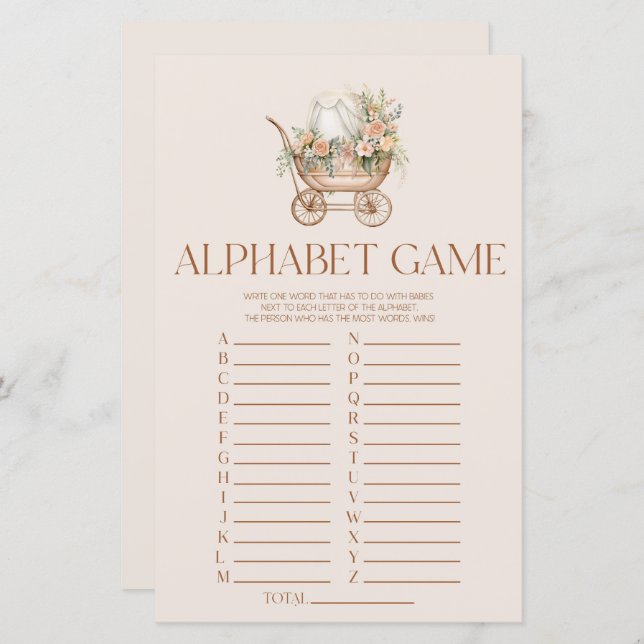 Roze Bloemen Carriage Alphabet Baby shower spel (Voorkant / Achterkant)