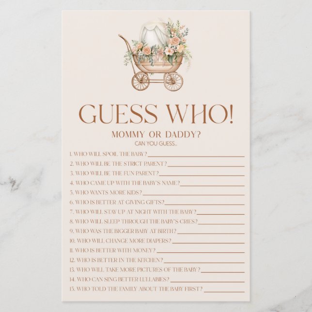 Roze Bloemen Carriage Guess Wie Baby shower spel (Voorkant)