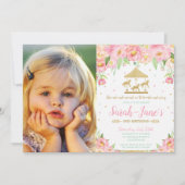 Roze Bloemen Carrousel 1e Verjaardag Meisje met Fo Kaart (Voorkant)