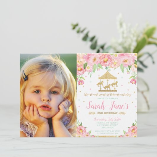 Roze Bloemen Carrousel 1e Verjaardag Meisje met Fo Kaart (Staand voorkant)