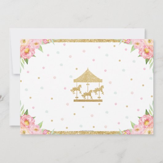 Roze Bloemen Carrousel 1e Verjaardag Meisje met Fo Kaart (Achterkant)