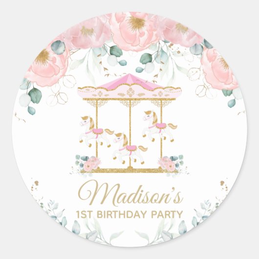 Roze Bloemen Carrousel Merry Go Ronde Verjaardagsg Ronde Sticker (Voorkant)