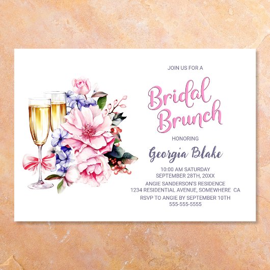 Roze Bloemen Champagne Bridal Brunch Kaart