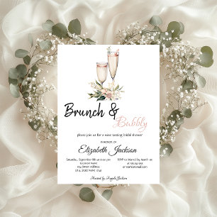 Roze Bloemen Champagne Glas Brunch & Bubbly Kaart