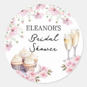 Roze Bloemen Champagne Glazen en Cupcakes Ronde Sticker (Voorkant)