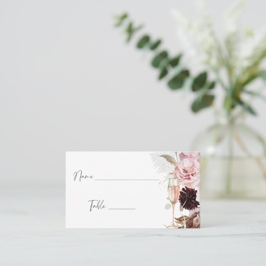 Roze Bloemen Champagne Vrijgezellenfeest Plaatskaartje (Staand voorkant)