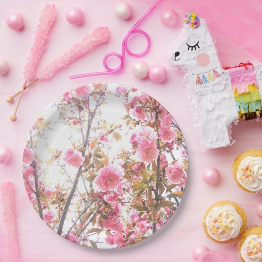 Roze bloemen Cherry Blossom Floral Patronen  Papieren Bordje (Feest)