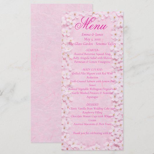 Roze Bloemen Cherry Blossom Wedding Menu Kaart (Voorkant / Achterkant)