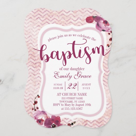 Roze Bloemen Chevron Baby Meisje Doop Uitnodiging (Voorkant / Achterkant)