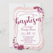 Roze Bloemen Chevron Baby Meisje Doop Uitnodiging (Voorkant)