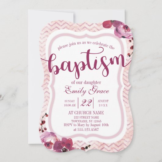 Roze Bloemen Chevron Baby Meisje Doop Uitnodiging (Voorkant)