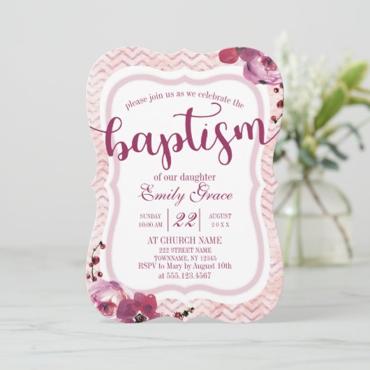 Roze Bloemen Chevron Baby Meisje Doop Uitnodiging (Staand voorkant)