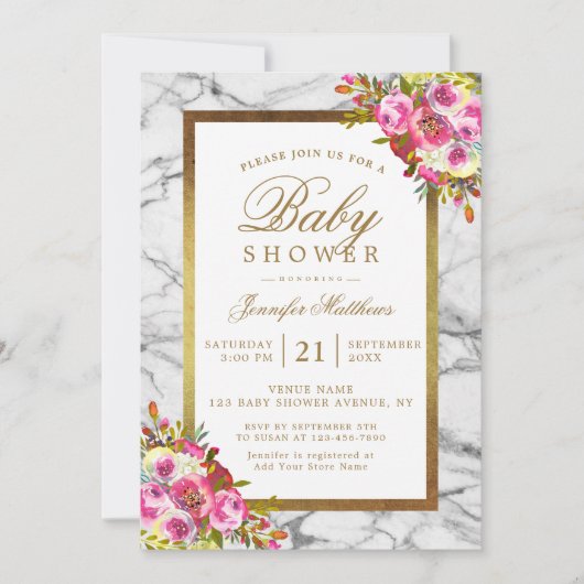 Roze Bloemen Chic Goud Zwart Marmer Baby shower Kaart (Voorkant)