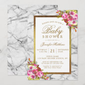 Roze Bloemen Chic Goud Zwart Marmer Baby shower Kaart (Voorkant / Achterkant)