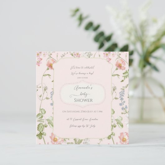 Roze Bloemen Chinoiserie Baby shower Kaart (Staand voorkant)