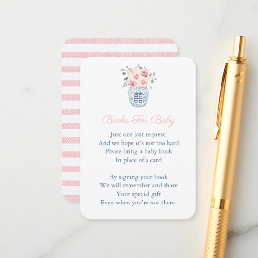 Roze Bloemen Chinoiserie Bring A Book Baby shower Informatiekaartje (Voorkant / Achterkant in situ)