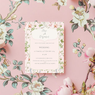 Roze Bloemen Chinoiserie Bruiloft Kaart