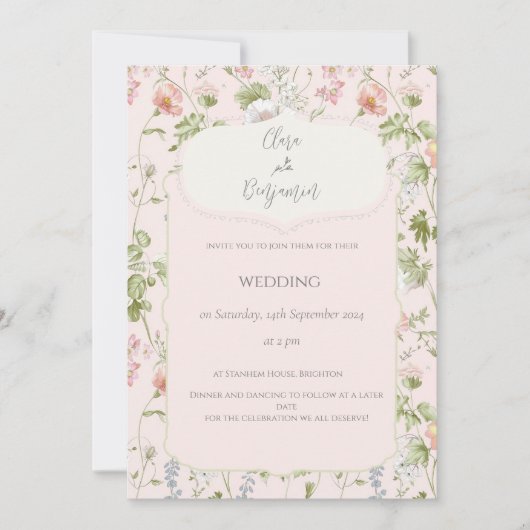 Roze Bloemen Chinoiserie Bruiloft Kaart (Voorkant)