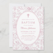 Roze Bloemen Chinoiserie Doopuitnodiging Kaart (Voorkant)