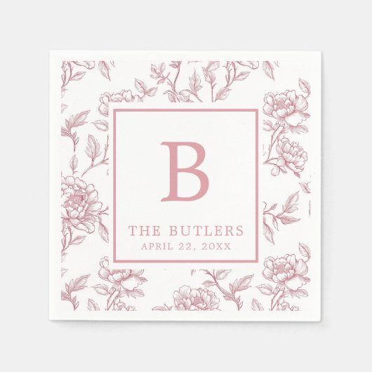 Roze Bloemen Chinoiserie Initiaal Trouwservetten Servet (Voorkant)