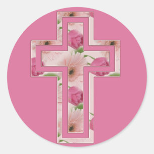 Roze bloemen Christelijk kruissymbool Ronde Sticker