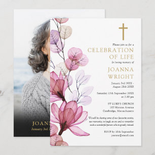 Roze Bloemen Christelijk Memorial begrafenis foto Kaart