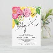 Roze Bloemen & Citroen Lente Oh Baby Meisje Douche Kaart (Staand voorkant)