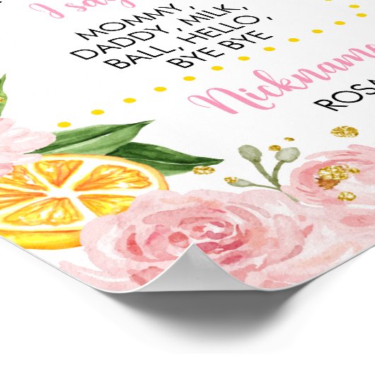 Roze Bloemen Citroen Meisje 1e Verjaardag Mijlpaal Poster (Hoek)