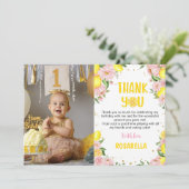 Roze Bloemen Citroen Verjaardag Foto Dank u kaart (Staand voorkant)