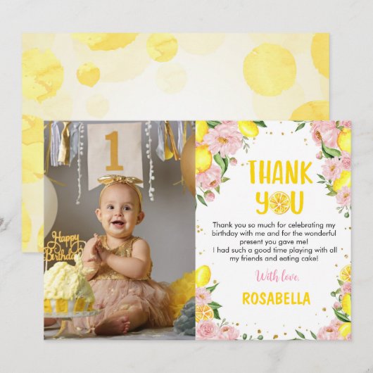 Roze Bloemen Citroen Verjaardag Foto Dank u kaart (Voorkant / Achterkant)