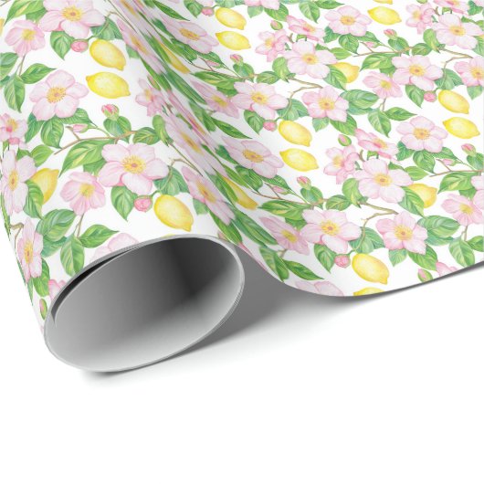 Roze Bloemen Citroenen Patroon Cadeaupapier (Rol Hoek)
