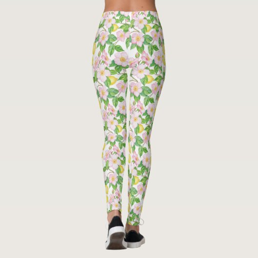Roze Bloemen Citroenen Patroon Leggings (Achterkant)