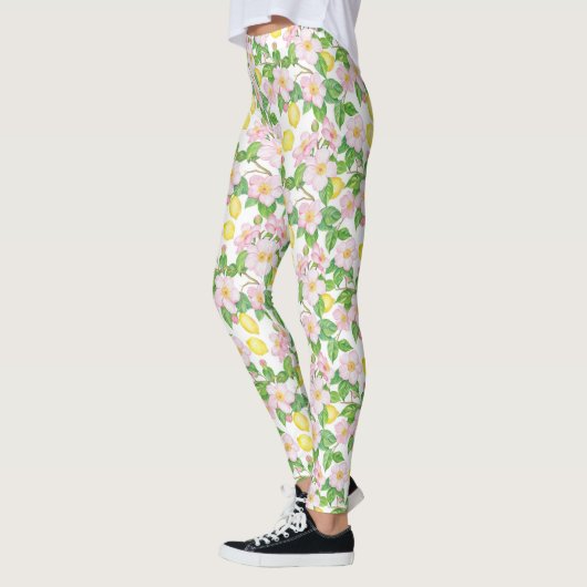 Roze Bloemen Citroenen Patroon Leggings (Links)