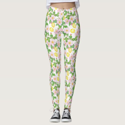 Roze Bloemen Citroenen Patroon Leggings (Voorkant)