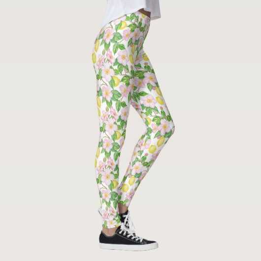 Roze Bloemen Citroenen Patroon Leggings (Rechts)