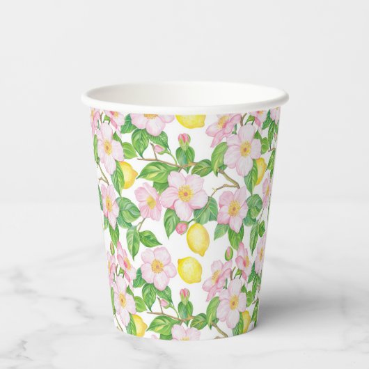 Roze Bloemen Citroenen Patroon Papieren Bekers (Achterkant)