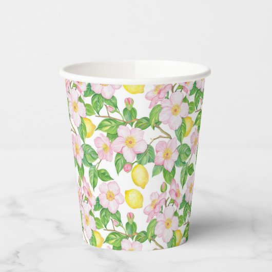 Roze Bloemen Citroenen Patroon Papieren Bekers (Links)