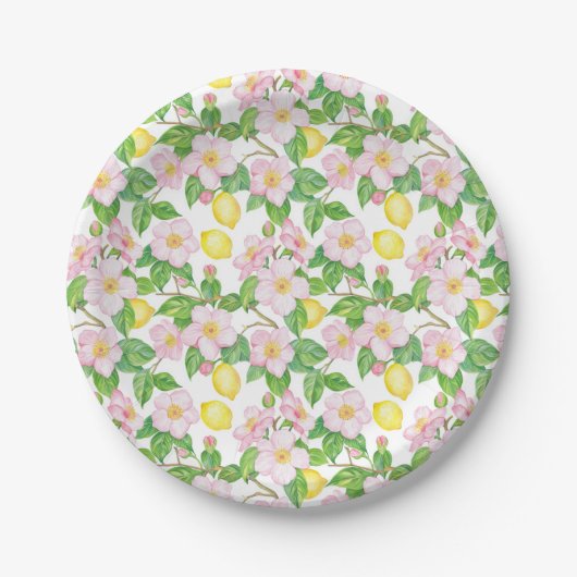 Roze Bloemen Citroenen Patroon Papieren Bordje (Voorkant)