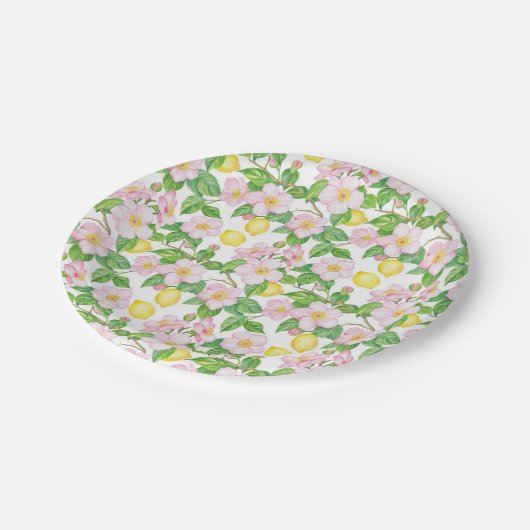 Roze Bloemen Citroenen Patroon Papieren Bordje (Gekanteld)
