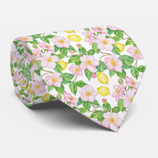 Roze Bloemen Citroenen Patroon Stropdas (Opgerold)