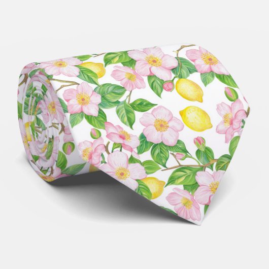 Roze Bloemen Citroenen Patroon Stropdas (Opgerold)