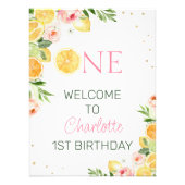 Roze Bloemen Citrus 1e Verjaardag Welkomstbord Foto Afdruk (Voorkant)