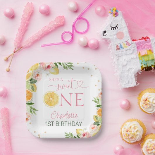 Roze Bloemen Citrus 1e Verjaardagsfeestje Papier B Papieren Bordje (Feest)